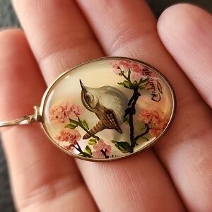 VTG Handcrafted Bird Pendant with Pink Floral Design